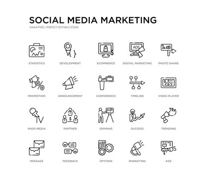 set of 20 line icons such as seminar, partner, mass media, timeline, conference, announcement, promotion, digital marketing, ecommerce, development. social media marketing outline thin icons