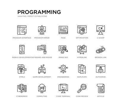 set of 20 line icons such as engineering, game development, html5, hyperlink, image seo, keyboard and mouse, mobile development, optimization, page, program error. programming outline thin icons