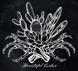 Naklejka premium Vector illustration. Beautiful cactus with bones. Handmade. Tattoos, prints on T-shirts, postcard for you, background chalkboard