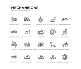 set of 20 line icons such as bus at a gasoline station, water tank for vehicles, car lifter, two cogwheels, car crane, car with repair equipment, limousine side view, electric and plug, police with