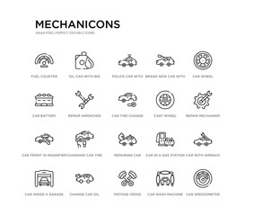 set of 20 line icons such as repairing car, changing car tire, car front in magnifier glass, cart wheel, tire change, repair wrenches, battery, brand new with dollar price tag, police with light,