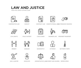 set of 20 line icons such as bankruptcy, bargain, bribery, business law, case closed, child custody, civil rights, constitutional law, contract law, convict. and justice outline thin icons