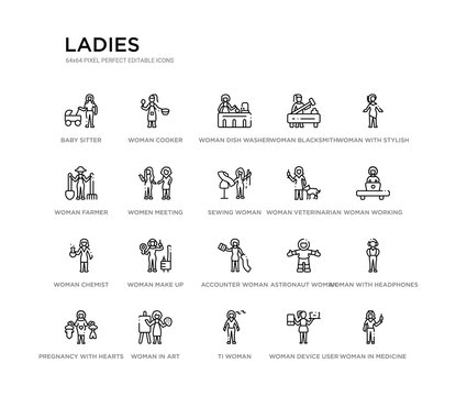 set of 20 line icons such as accounter woman, woman make up, woman chemist, veterinarian, sewing women meeting, farmer, blacksmith, dish washer, cooker. ladies outline thin icons collection.