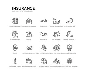 set of 20 line icons such as real estate insurance, rear end collision, repair, ship insurance, side crash, sinking, slippery road, stone on the road, towed car, transport insurance. outline thin