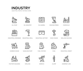 set of 20 line icons such as fuel station, gasoline pump, harbor crane, hook crane, industrial battery, industrial drill, industrial engineer, machine press, oil barrel, oil industry. industry