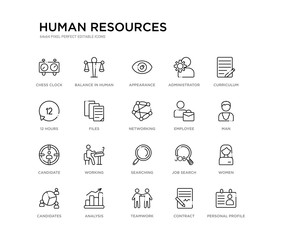 set of 20 line icons such as searching, working, candidate, employee, networking, files, 12 hours, administrator, appearance, balance in human resources. human resources outline thin icons
