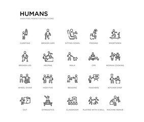 set of 20 line icons such as begging, high five, wheel chair, cpr, walk, helping, broken leg, feeding, sitting down, broken arm. humans outline thin icons collection. editable 64x64 stroke