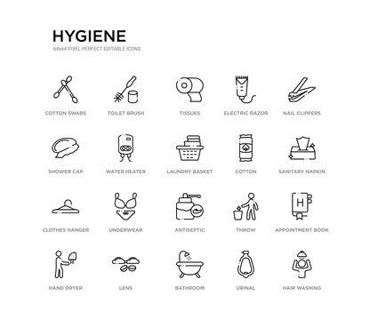 set of 20 line icons such as antiseptic, underwear, clothes hanger, cotton, laundry basket, water heater, shower cap, electric razor, tissues, toilet brush. hygiene outline thin icons collection.