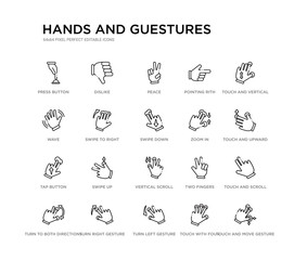set of 20 line icons such as vertical scroll gesture, swipe up, tap button, zoom in, swipe down, swipe to right, wave, pointing rith, peace, dislike. hands and guestures outline thin icons