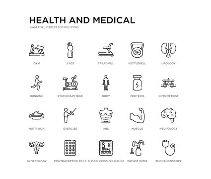 Set Of 20 Line Icons Such As Abs, Exercise, Nutrition, Proteins, Body, Stationary Bike, Running, Kettlebell, Treadmill, Juice. Health And Medical Outline Thin Icons Collection. Editable 64x64 Stroke