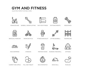set of 20 line icons such as protein shake, steroids, man swimming, lifting barbell, fitness bracelet, riding bicycle, broccoli porcion, phytonutrients, mat for fitness, barbell weightlifting. gym