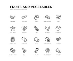 set of 20 line icons such as guava, hazelnut, mason jar, paprika, pea, spinach, star fruit, sweet potato, tuber, zucchini. fruits and vegetables outline thin icons collection. editable 64x64 stroke