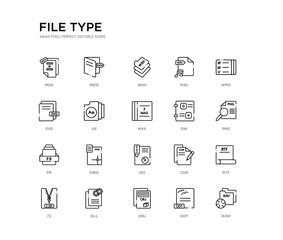 set of 20 line icons such as iso, dwg, pr, dw, max, ae, svg, m3u, wav, indd. file type outline thin icons collection. editable 64x64 stroke