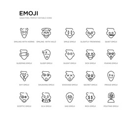 set of 20 line icons such as shocked emoji, shushing emoji, shy emoji, sick silent sleep sleeping slightly frowning smile smiling  with halo outline thin icons collection. editable 64x64 stroke