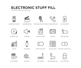 set of 20 line icons such as empty battery, pen drive, radio, picture, memory card, speaker, compact disc, phone receiver, portable music player, clapperboard. electronic stuff fill outline thin