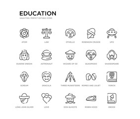 set of 20 line icons such as three musketeers, dracula, scream, quasimodo, wizard of oz, astronaut, eugene onegin, robinson crusoe, othello, law. education outline thin icons collection. editable