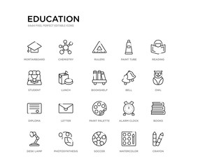 set of 20 line icons such as paint palette, letter, diploma, bell, bookshelf, lunch, student, paint tube, rulers, chemistry. education outline thin icons collection. editable 64x64 stroke