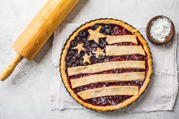 American flag berry pie, top view. Independence Day of America concept.