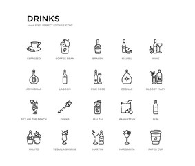 set of 20 line icons such as mai tai, forks, sex on the beach, cognac, pink rose, lagoon, armagnac, malibu, brandy, coffee bean. drinks outline thin icons collection. editable 64x64 stroke