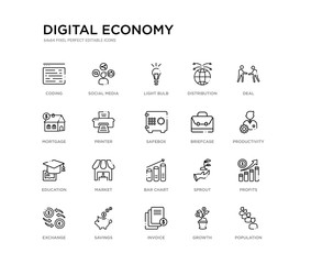set of 20 line icons such as bar chart, market, education, briefcase, safebox, printer, mortgage, distribution, light bulb, social media. digital economy outline thin icons collection. editable