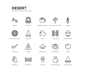 set of 20 line icons such as sheriff hat, tepee, tobacco, train rails, whip, wigwam, wild west cart, wild west saloon, wooden coffin, pharaoh. desert outline thin icons collection. editable 64x64