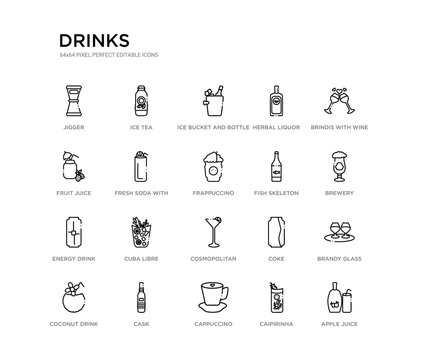set of 20 line icons such as cosmopolitan, cuba libre, energy drink, fish skeleton, frappuccino, fresh soda with lemon slice and straw, fruit juice, herbal liquor, ice bucket and bottle, ice tea.