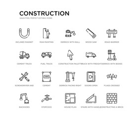 set of 20 line icons such as derrick facing right, cement, screwdriver and doble wrench, truck with freight, construction palette, fuel truck, cement truck, wood saw, derrick with ball, man