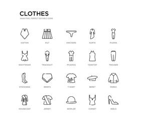 set of 20 line icons such as t shirt, briefs, stockings, tanktop, pyjamas, tracksuit, nightwear, kurta, knickers, kilt. clothes outline thin icons collection. editable 64x64 stroke