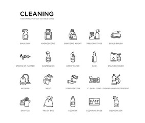 set of 20 line icons such as sterilization, neat, hoover, acid, hard water, suspension, states of matter, preservatives, oxidizing agent, hygroscopic. cleaning outline thin icons collection.