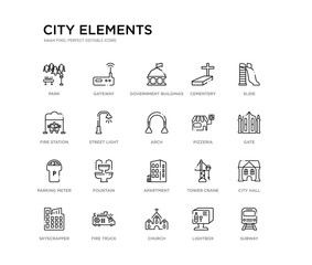 set of 20 line icons such as apartment, fountain, parking meter, pizzeria, arch, street light, fire station, cementery, government buildings, gateway. city elements outline thin icons collection.