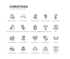 set of 20 line icons such as christmas bow, christmas boy, christmas cabin, candelabra, chimney, chocolate, bag, clock, girl, hat. outline thin icons collection. editable 64x64 stroke