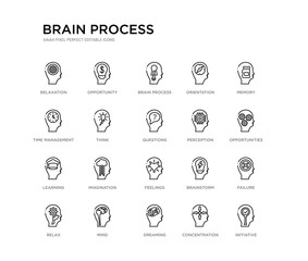 set of 20 line icons such as feelings, imagination, learning, perception, questions, think, time management, orientation, brain process, opportunity. brain process outline thin icons collection.