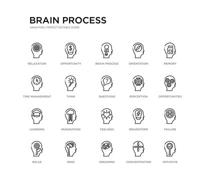 set of 20 line icons such as feelings, imagination, learning, perception, questions, think, time management, orientation, brain process, opportunity. brain process outline thin icons collection.