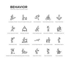set of 20 line icons such as stick man push up, man on treadmill, man shouting, with mobile phone, travelling, making the bed, stick with box, riding bicylce, running, with baby stroller. behavior
