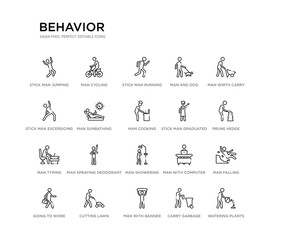 set of 20 line icons such as man showering, man spraying deodorant, man typing, stick graduated, cooking, sunbathing, stick excersicing, and dog, stick running, cycling. behavior outline thin icons