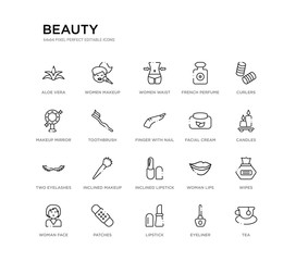 set of 20 line icons such as inclined lipstick, inclined makeup brush, two eyelashes, facial cream, finger with nail, toothbrush, makeup mirror, french perfume, women waist, women makeup. beauty