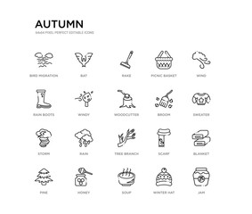 set of 20 line icons such as tree branch, rain, storm, broom, woodcutter, windy, rain boots, picnic basket, rake, bat. autumn outline thin icons collection. editable 64x64 stroke