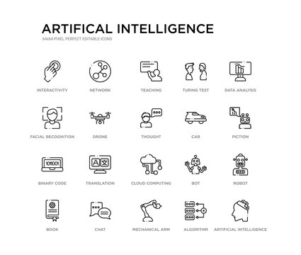 set of 20 line icons such as cloud computing, translation, binary code, car, thought, drone, facial recognition, turing test, teaching, network. artifical intelligence outline thin icons collection.