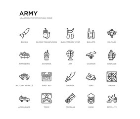 set of 20 line icons such as dagger, first aid, military vehicle, cannon, aim, antenna, amphibian, bullets, bulletproof vest, blood transfusion. army outline thin icons collection. editable 64x64