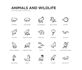 set of 20 line icons such as shoal, siberian tiger, snow leopard, stingray, tortoise, tropical frop, vulture, wild horse, wildebeest, wolverine. animals and wildlife outline thin icons collection.