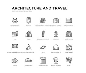 set of 20 line icons such as giza, great buddha of thailand, ho chi minh mausoleum, kremlin, leaning tower of pisa, milan, pisa, shopping center, temple the frescoes, tourist. architecture and