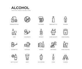 set of 20 line icons such as order, blender, cigarette, wine bucket, whisky, cigarrete, hop, beer bottle, october,  . alcohol outline thin icons collection. editable 64x64 stroke