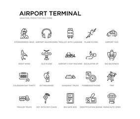 set of 20 line icons such as gangway truck, extinguisher, calendar day thirty, escalator up, airport x ray machine, old plane, right wing, plane flying, trolley with luggage, airport headphones.