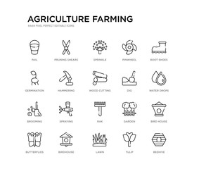 set of 20 line icons such as rak, spraying, brooming, dig, wood cutting, hammering, germination, pinwheel, sprinkle, pruning shears. agriculture farming outline thin icons collection. editable 64x64