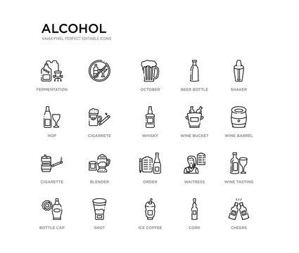 set of 20 line icons such as order, blender, cigarette, wine bucket, whisky, cigarrete, hop, beer bottle, october,  . alcohol outline thin icons collection. editable 64x64 stroke