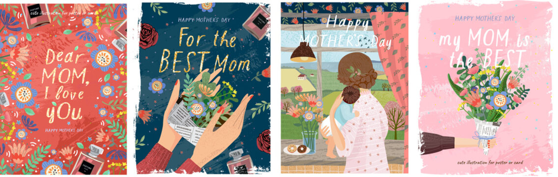 Happy mother's day! Vector illustrations for a cute cover, poster, banner or card for the holiday moms