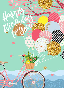 Happy Birthday! Cute vector card, poster or cover for holiday greetings! Illustration of a vintage bicycle with balloons