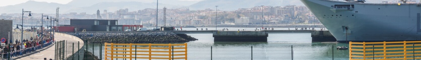BILBAO, SPAIN - MARCH / 23/2019. The aircraft carrier of the Spanish Navy Juan Carlos I in the port of Bilbao, open day to visit the ship. Sunny day