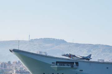 BILBAO, SPAIN - MARCH / 23/2019. The aircraft carrier of the Spanish Navy Juan Carlos I in the port...