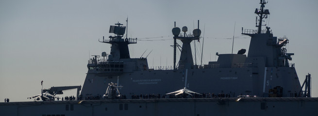 BILBAO, SPAIN - MARCH / 23/2019. The aircraft carrier of the Spanish Navy Juan Carlos I in the port...